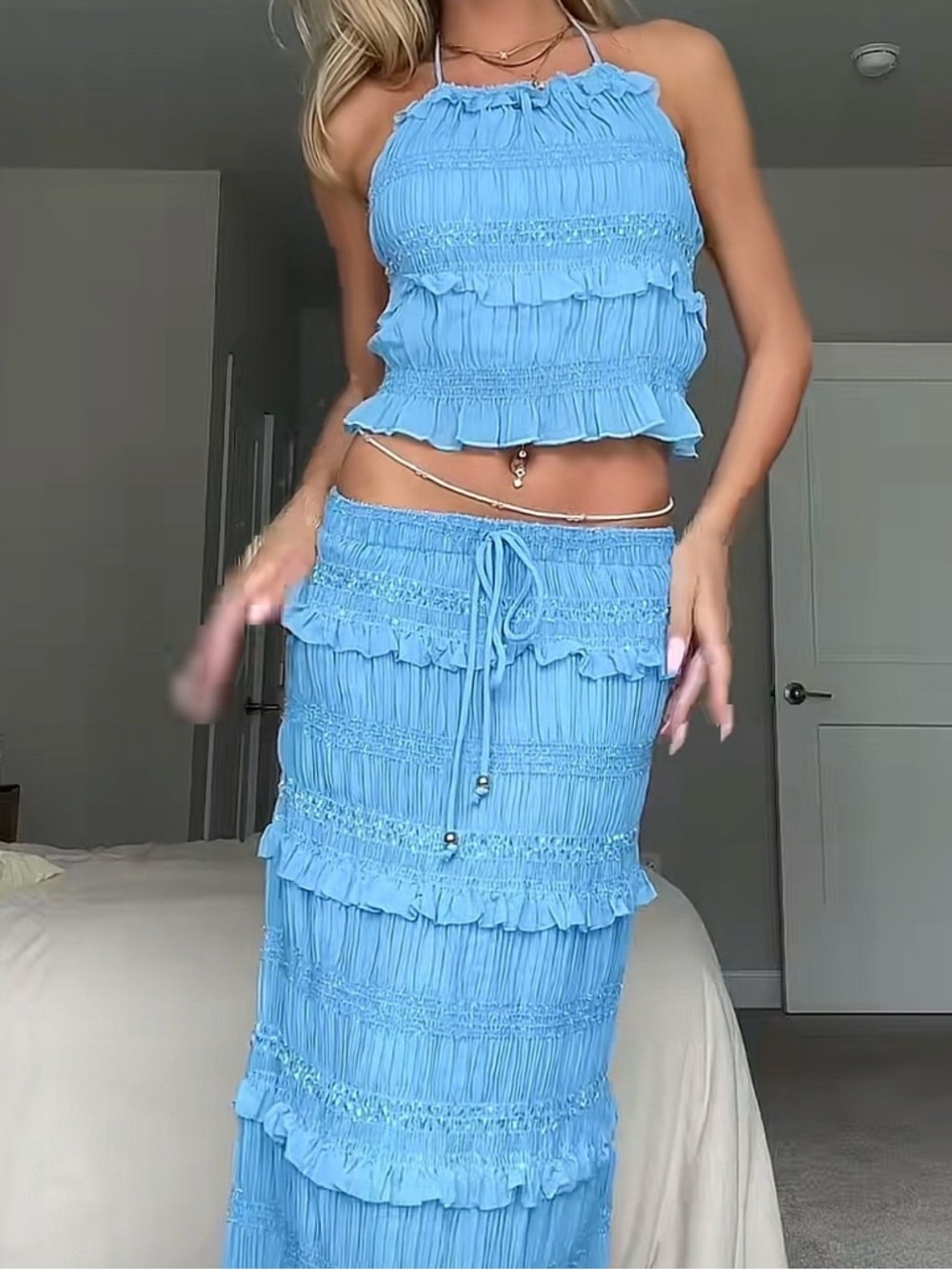 Smocked Tiered Blue Maxi Skirt with Drawstring Waist